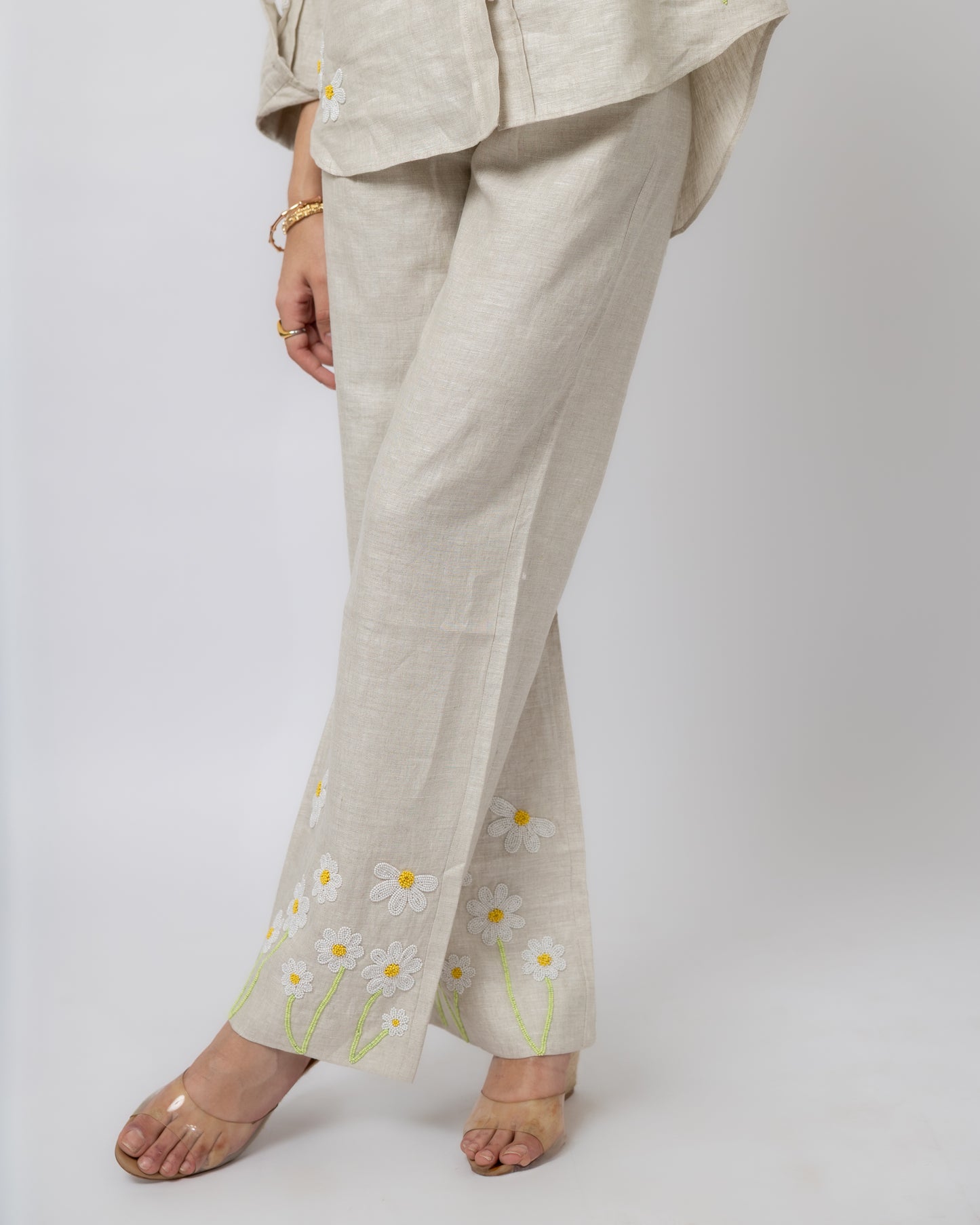 100% Linen long-sleeved embroidered shirt & high-waisted trousers co-ord