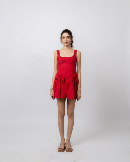 100% linen hand beaded flared mini