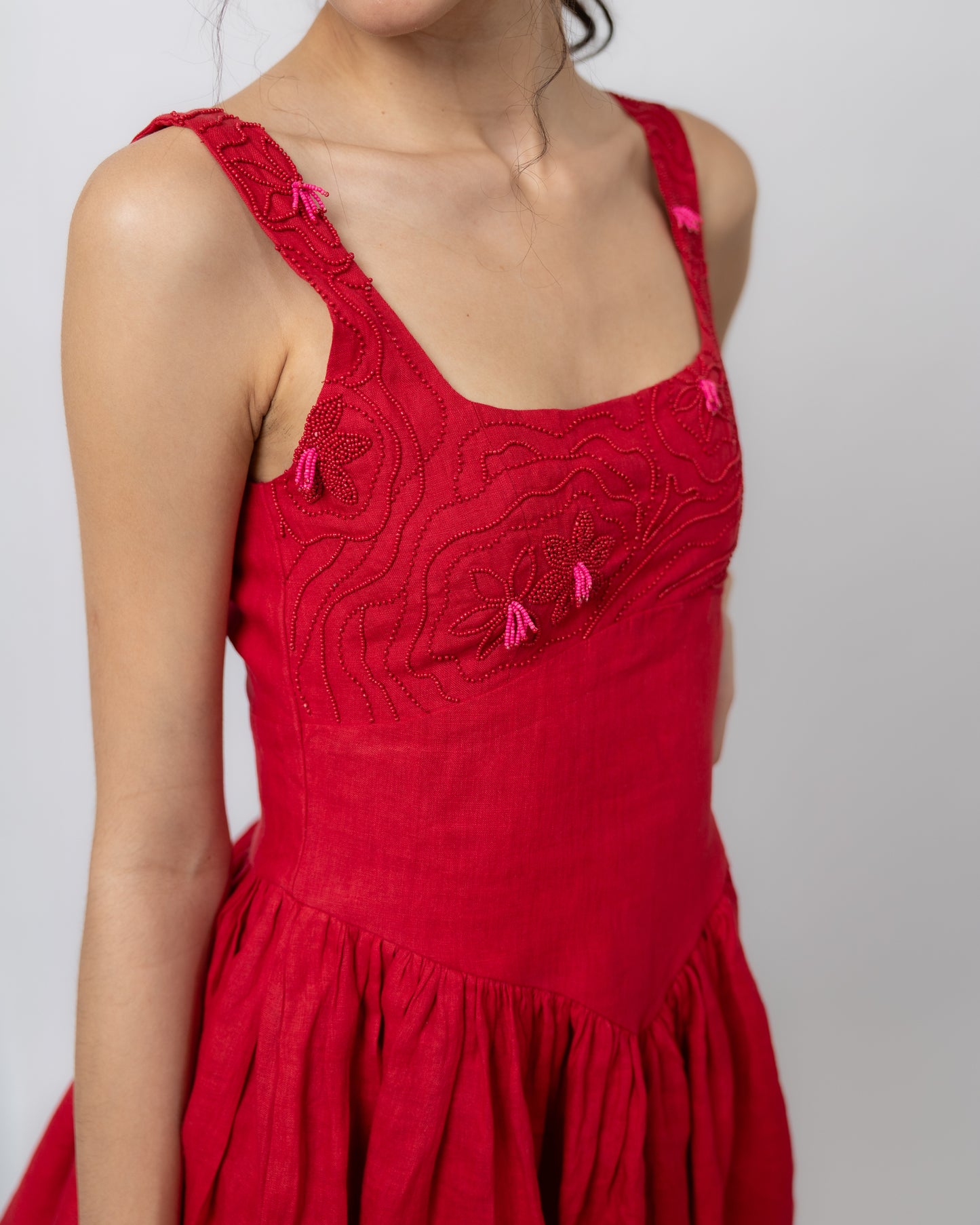 100% linen hand beaded flared mini