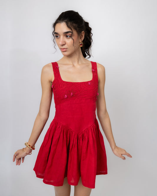 100% linen hand beaded flared mini