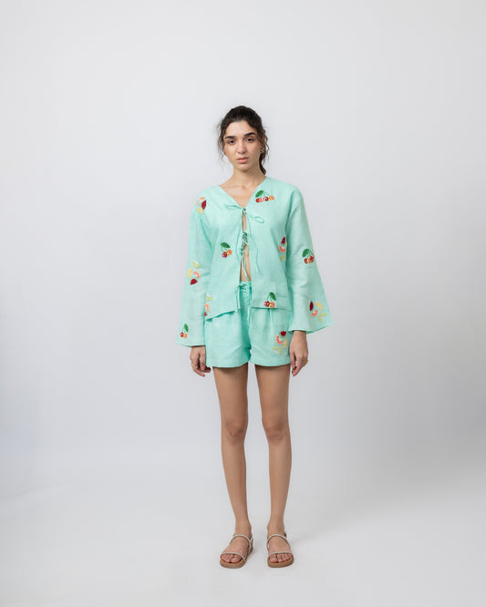 100% Linen hand-beaded tie-front top & shorts co-ord