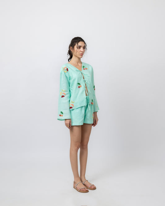 100% Linen hand-beaded tie-front top & shorts co-ord