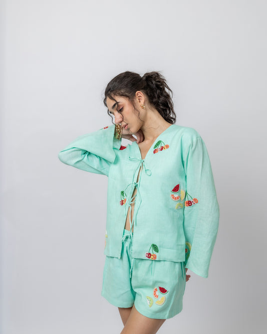 100% Linen hand-beaded tie-front top