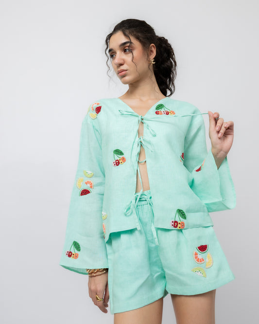 100% Linen hand-beaded tie-front top