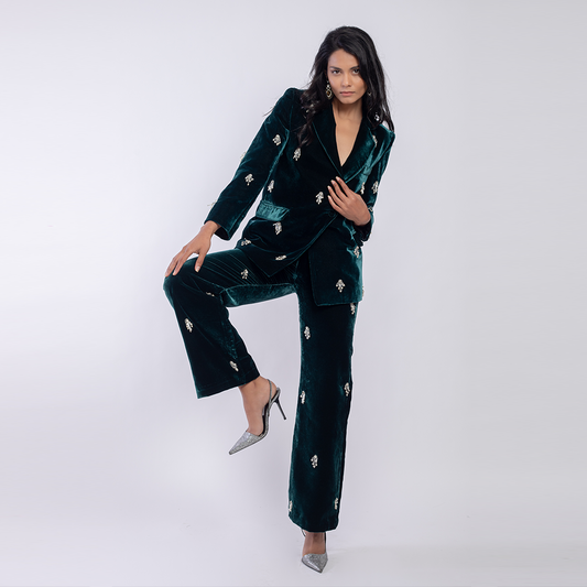High-waist velvet trousers with embellishments