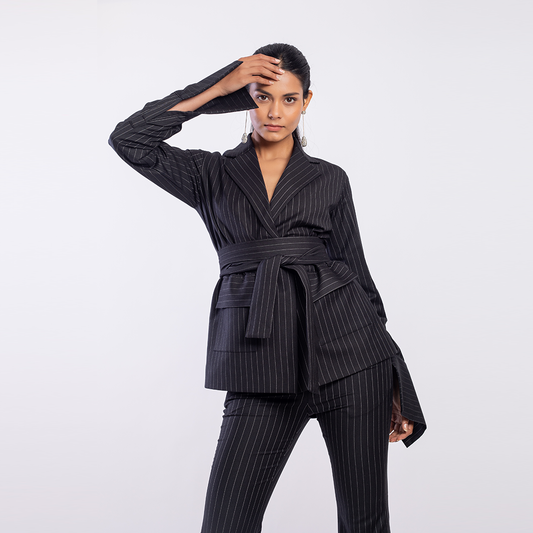 Pinstriped blazer with belt