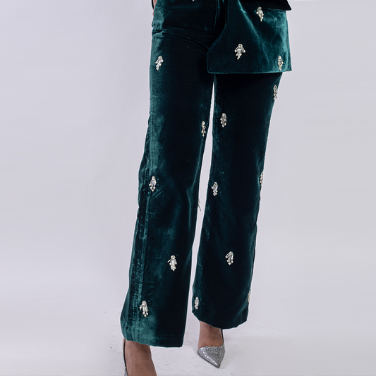 High-waist velvet trousers with embellishments