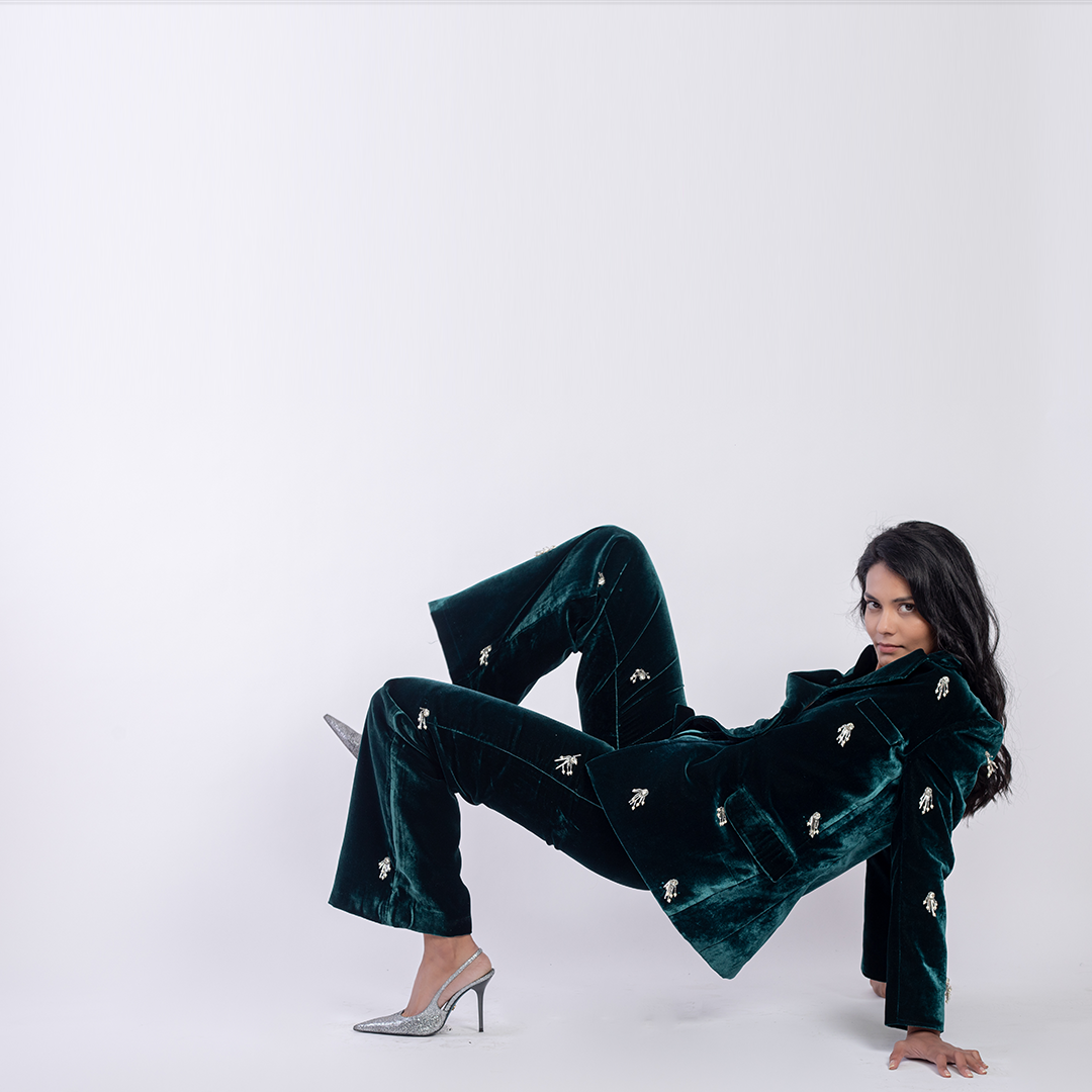 High-waist velvet trousers with embellishments