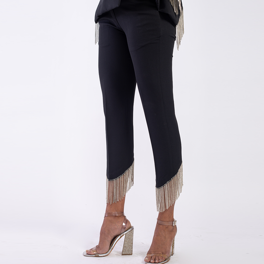 High-waist trousers with rhinestone chain detail