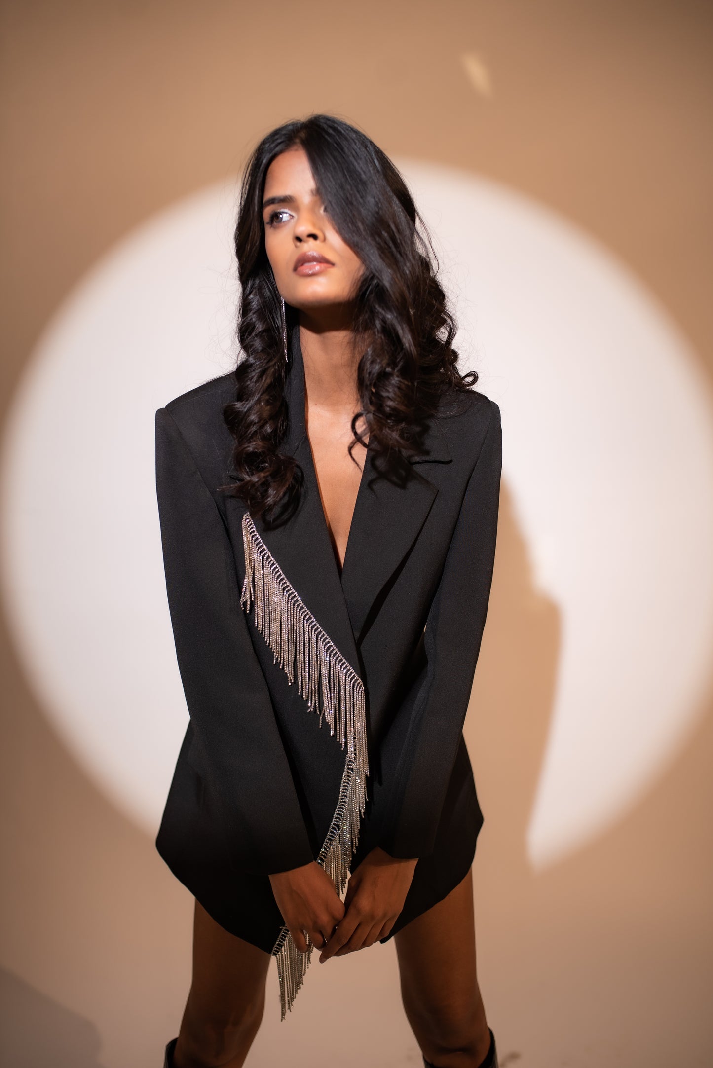 Mini blazer dress with rhinestone chain detailing