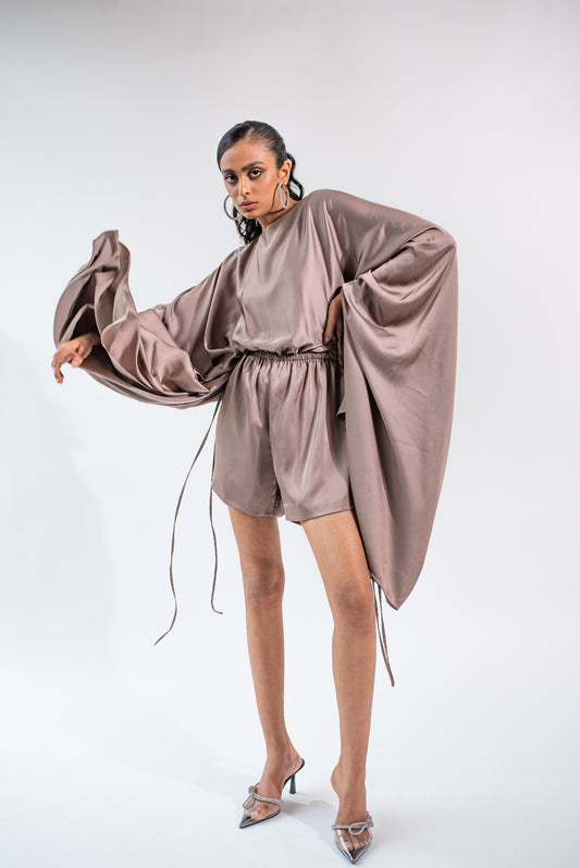 Long-sleeved satin playsuit