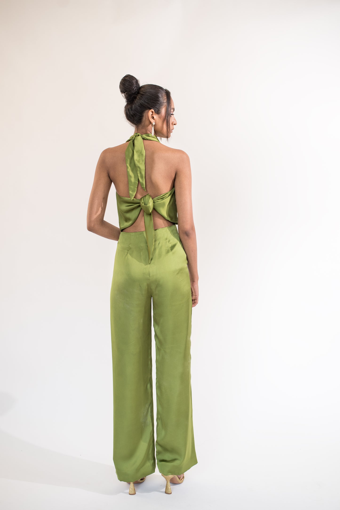 Cowl neck backless satin jumpsuit