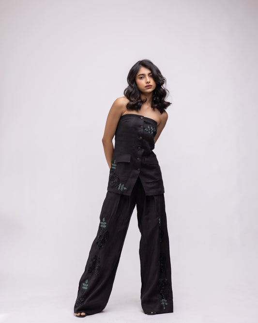 100% linen off-shoulder waistcoat & trousers with hand-embroidery