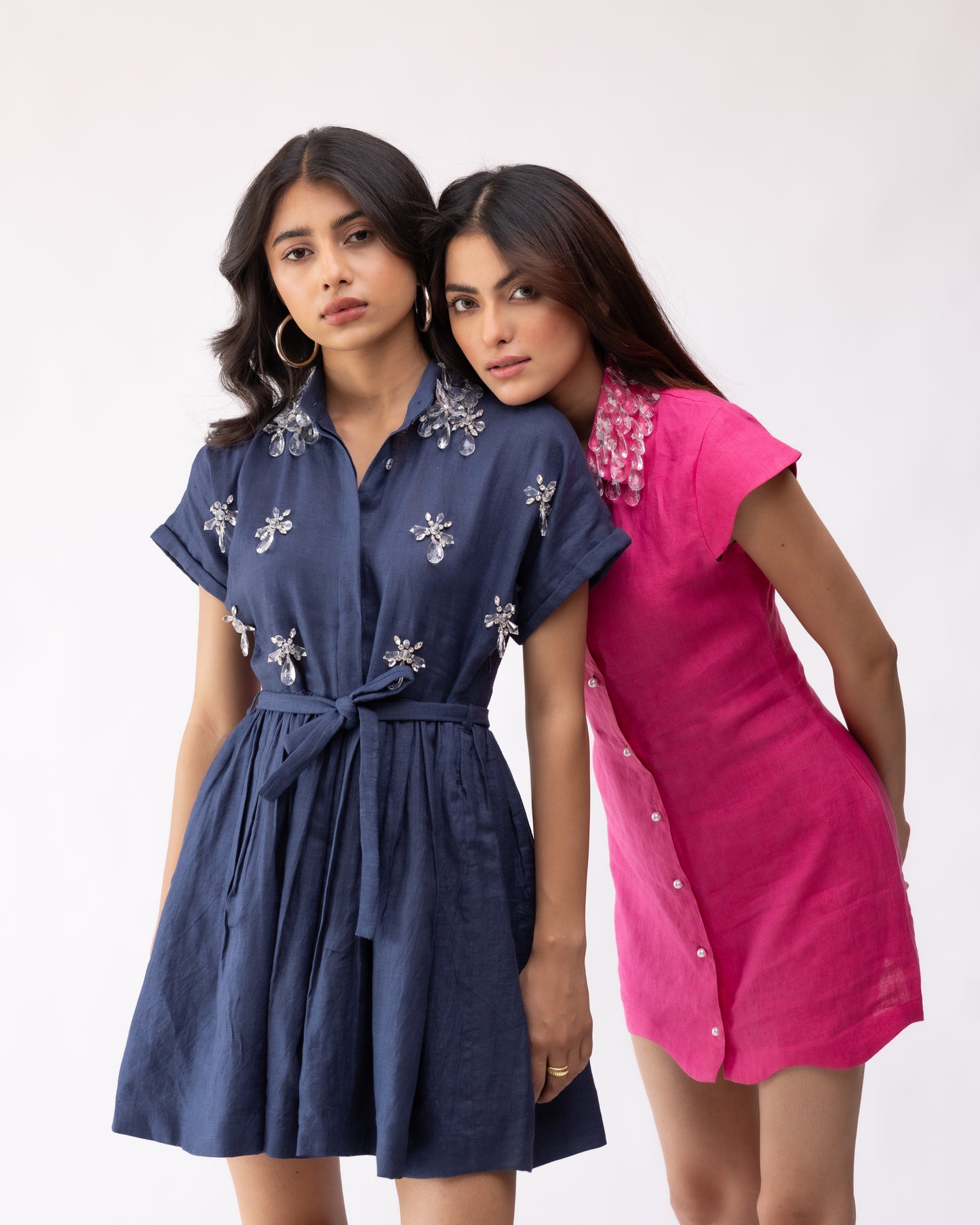 100% linen mini dress with scalloping