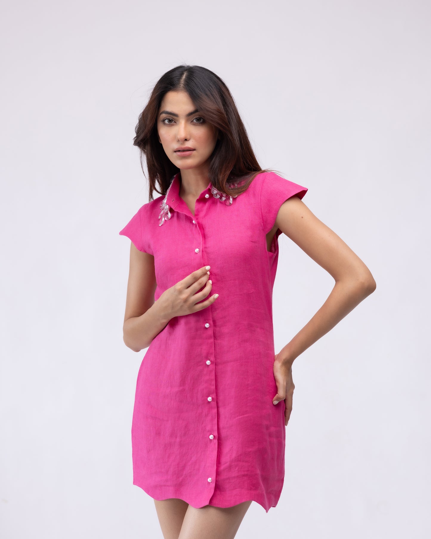 100% linen mini dress with scalloping