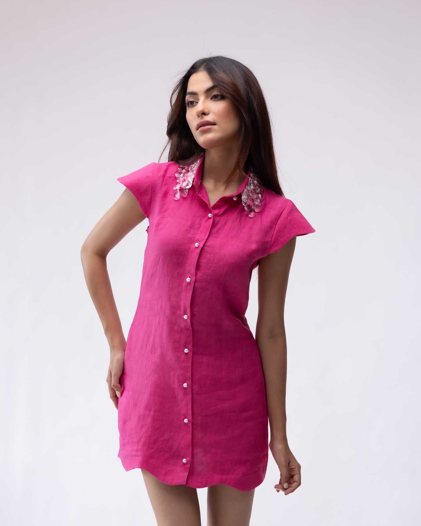 100% linen mini dress with scalloping