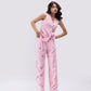 100% linen high-waisted trousers with floral hand-embroidery