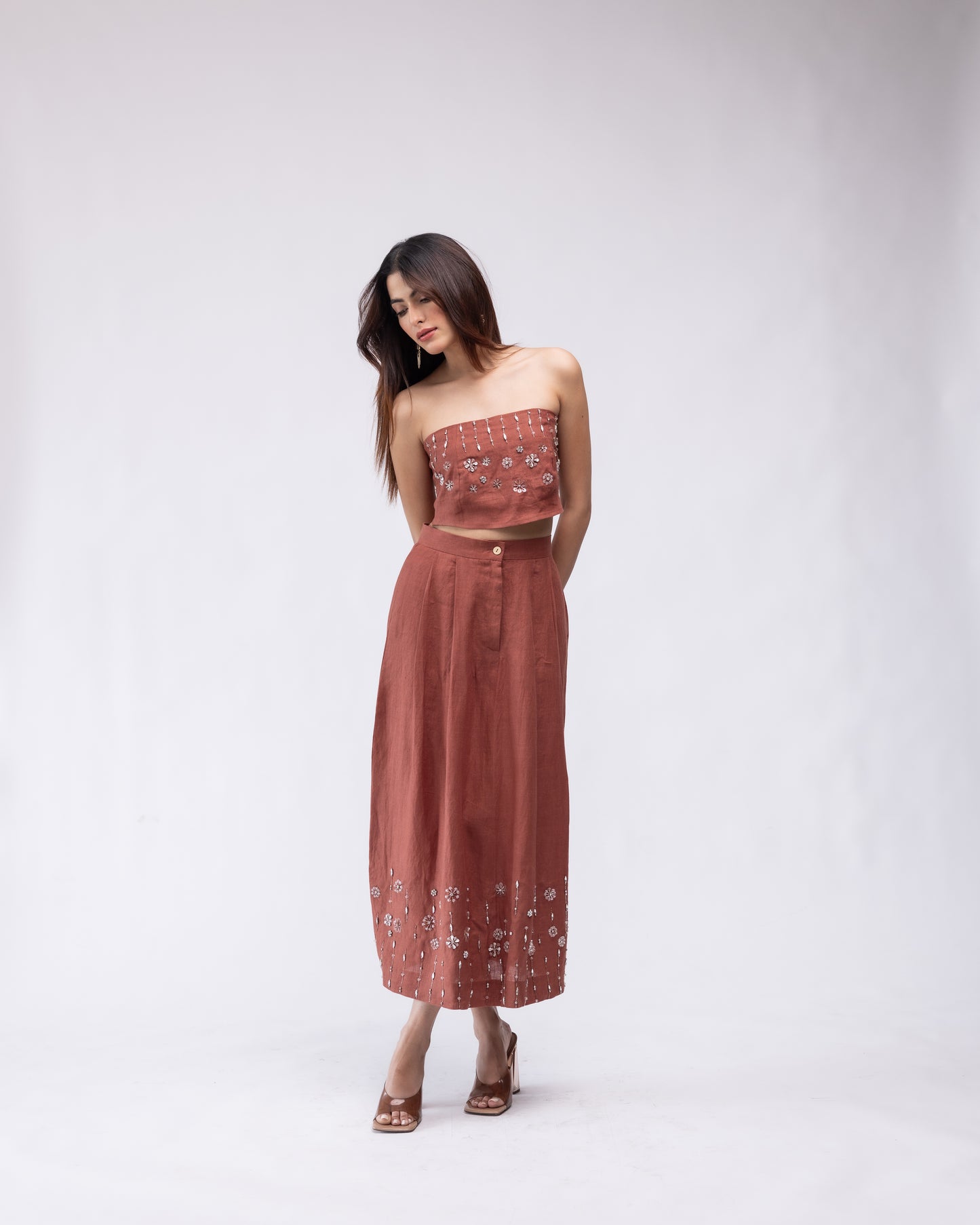 100% linen pleated midi skirt