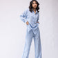 100% linen high-waisted trousers with crystal drop embellishing