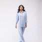 100% linen high-waisted trousers with crystal drop embellishing