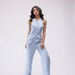 100% linen high-waisted trousers with crystal drop embellishing