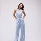 100% linen high-waisted trousers with crystal drop embellishing