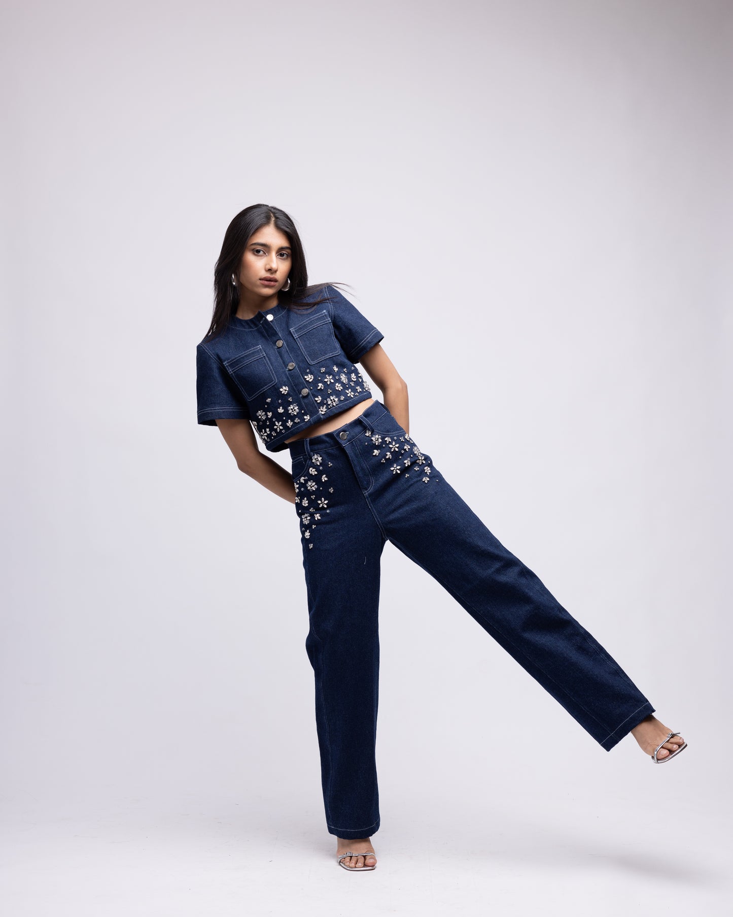 Half-sleeved denim embellished top