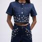 Half-sleeved denim embellished top