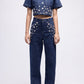 Half-sleeved denim embellished top