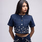 Half-sleeved denim embellished top