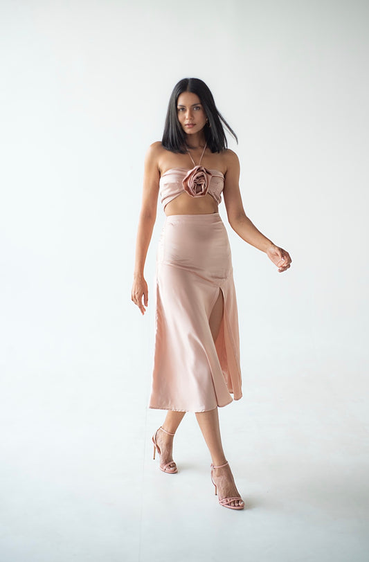 Satin midi skirt with slit