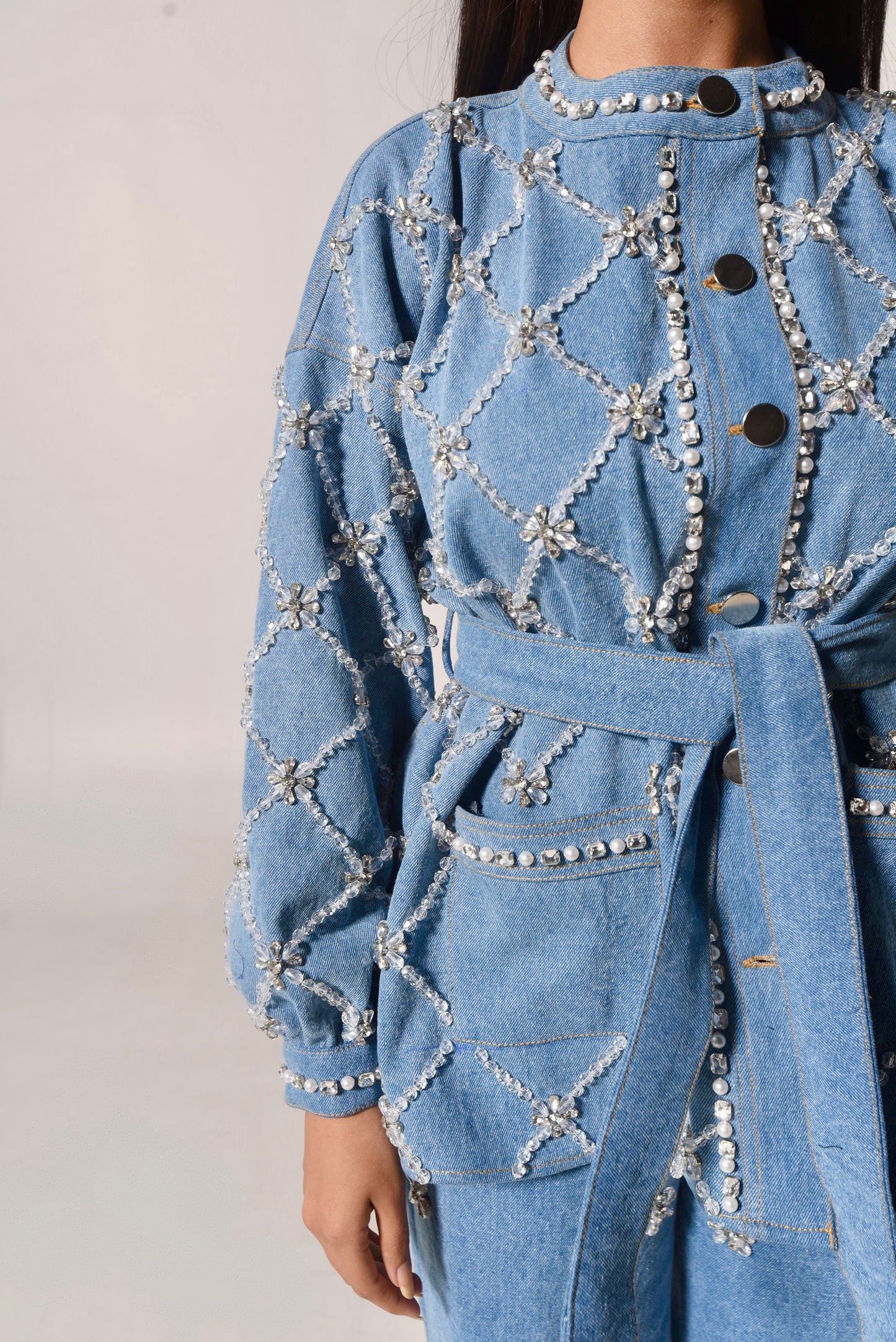 Hand-embellished belted denim jacket