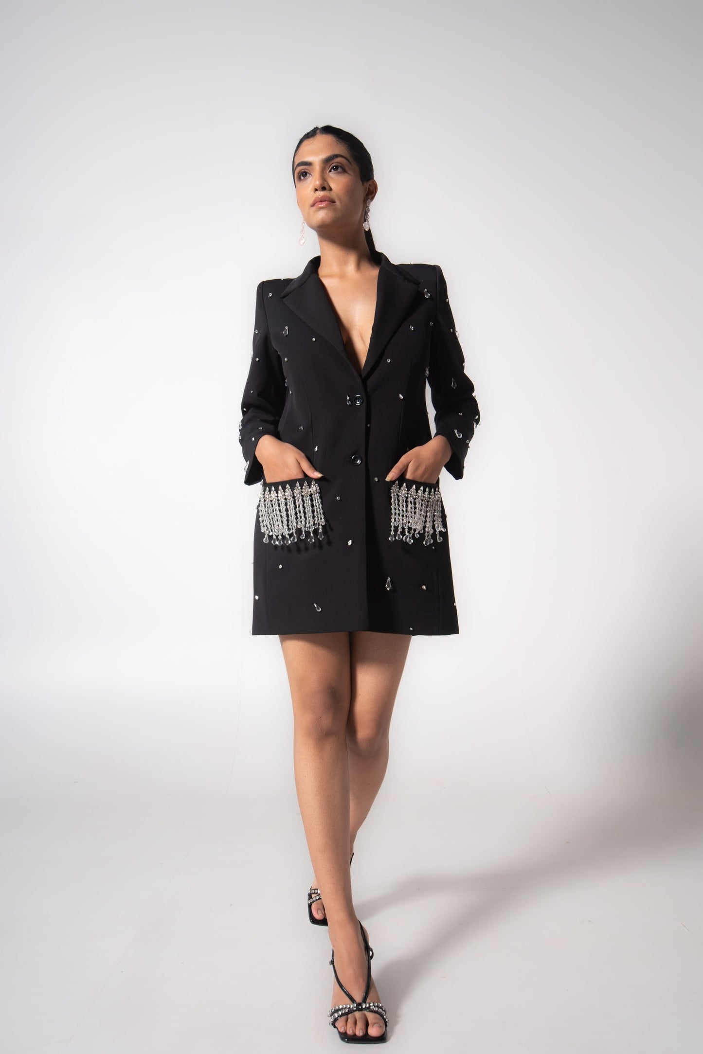 Embellished blazer dress with cowl back