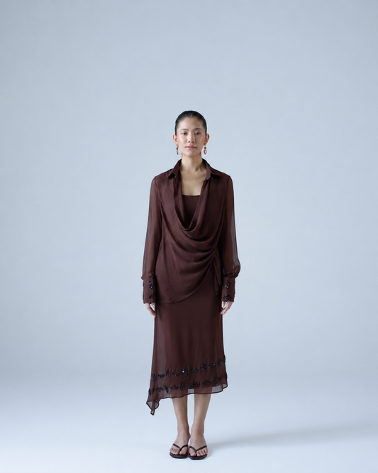 Silk chiffon embellished asymmetric shirt & midi skirt co-ord