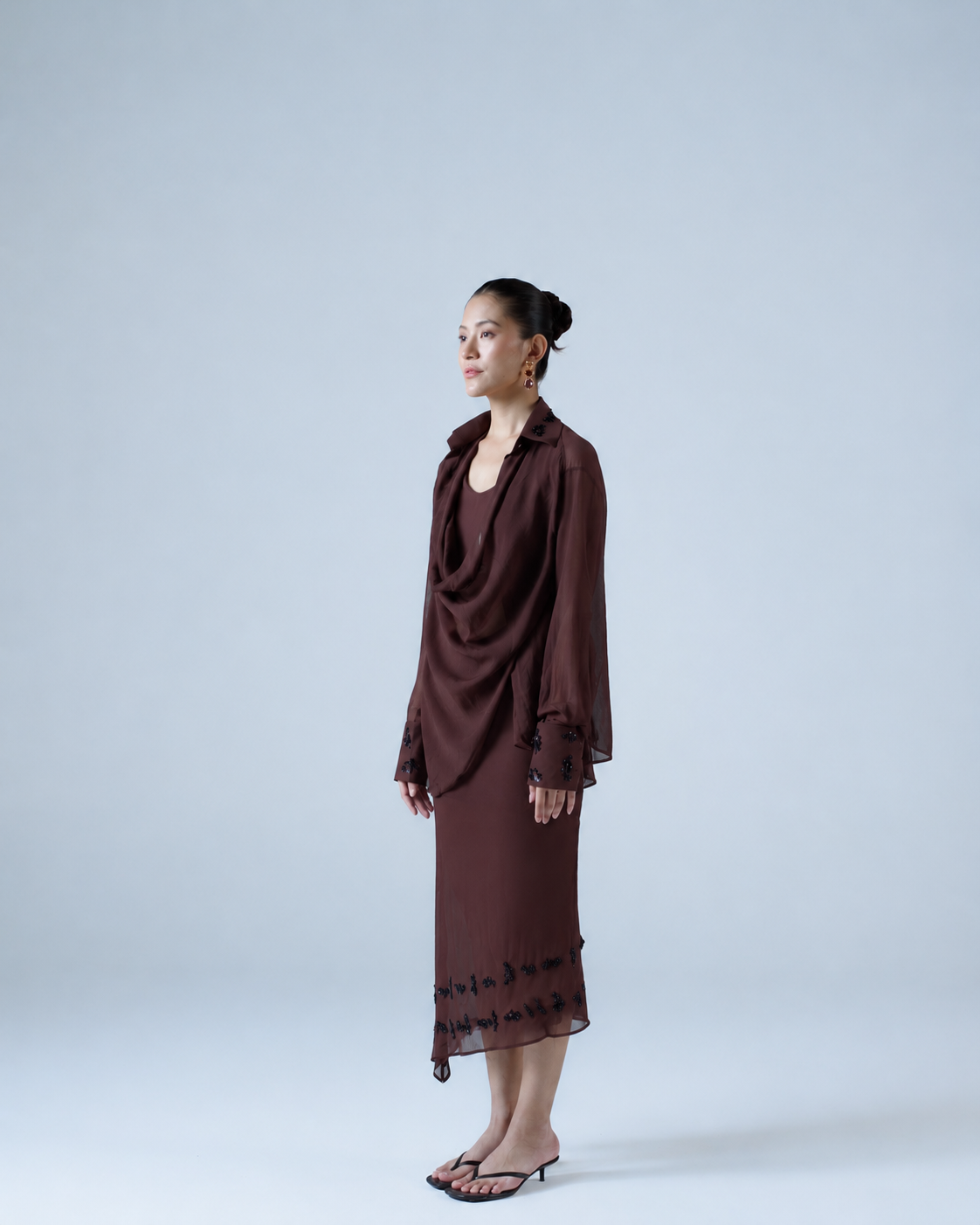 Silk chiffon asymmetric midi skirt