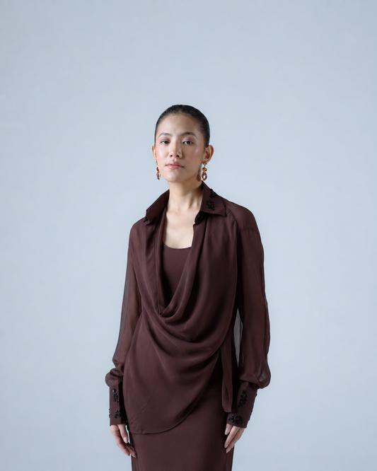 Silk chiffon embellished asymmetric shirt