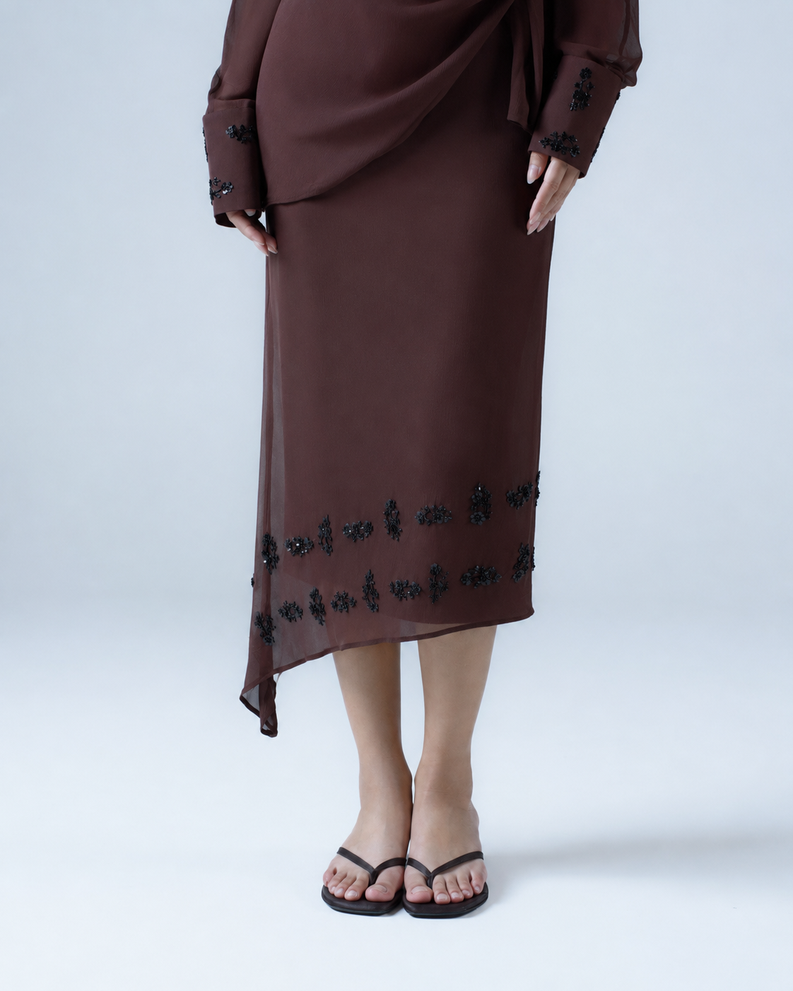 Silk chiffon asymmetric midi skirt