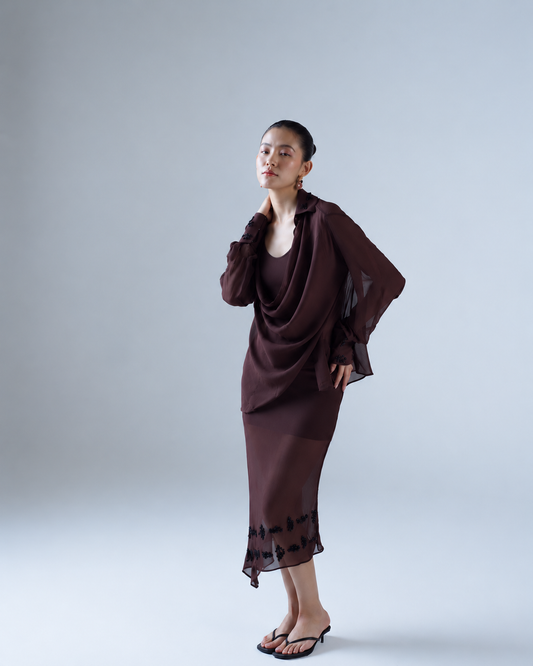 Silk chiffon embellished asymmetric shirt & midi skirt co-ord