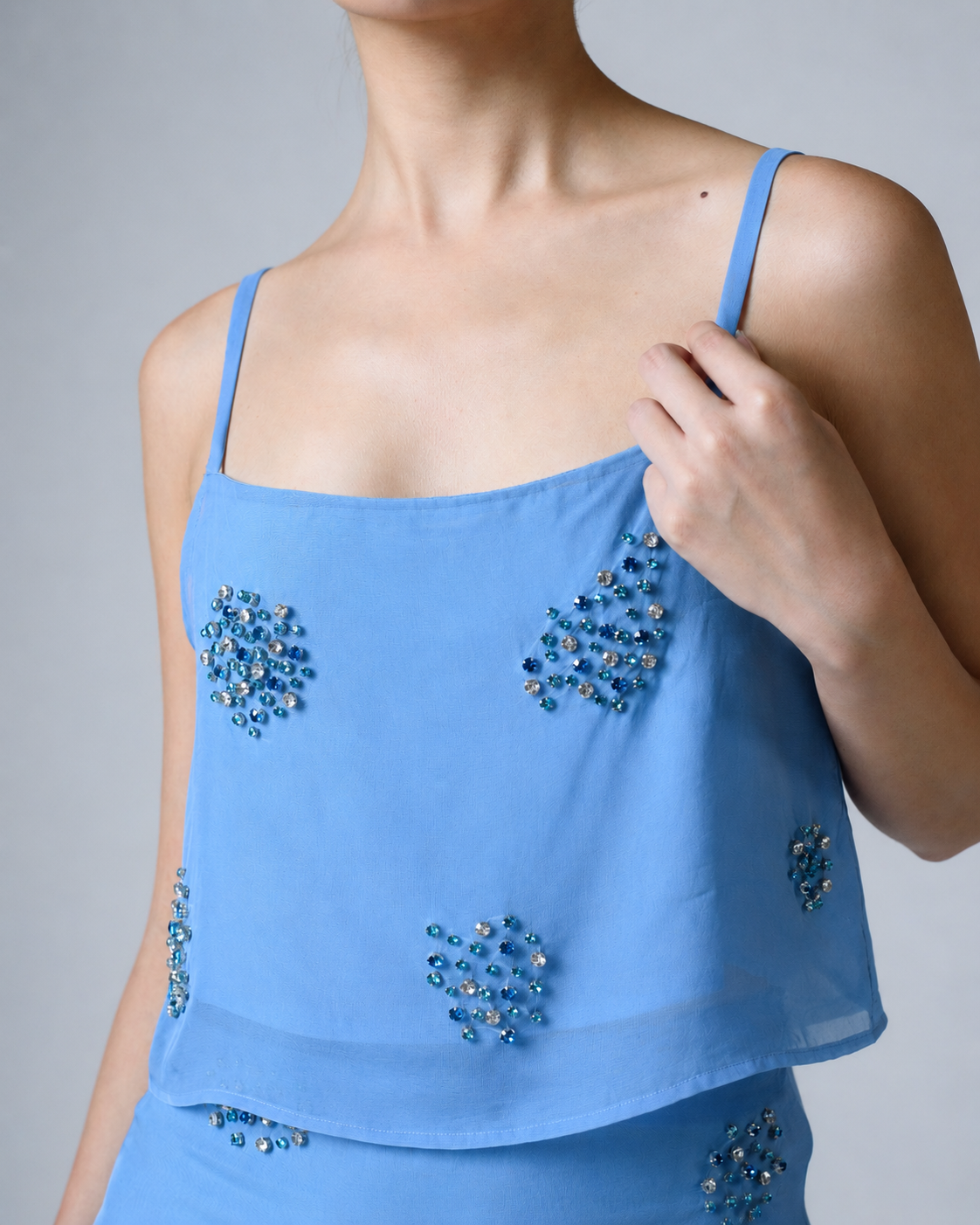 Hand-embellished strappy organza top