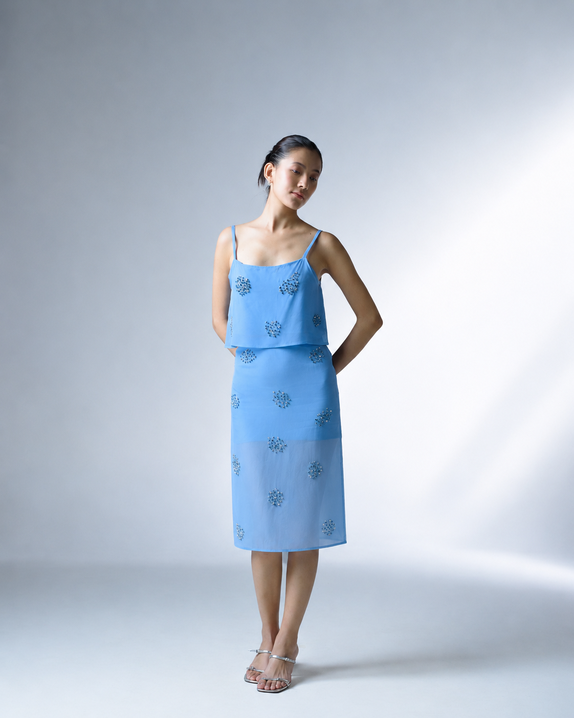 Hand-embellished strappy organza top