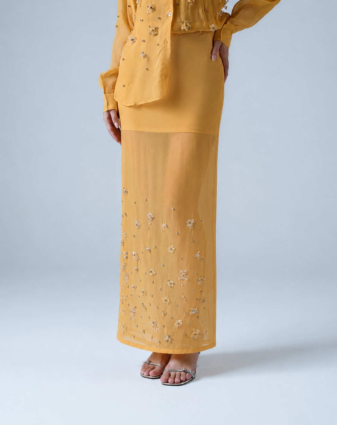 Hand-embellished organza shirt & maxi skirt co-ord