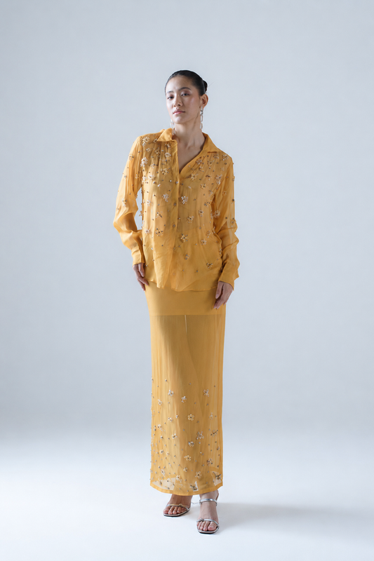 Hand-embellished organza shirt & maxi skirt co-ord