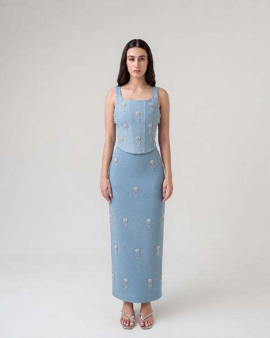 Cascade Crystal Denim Skirt