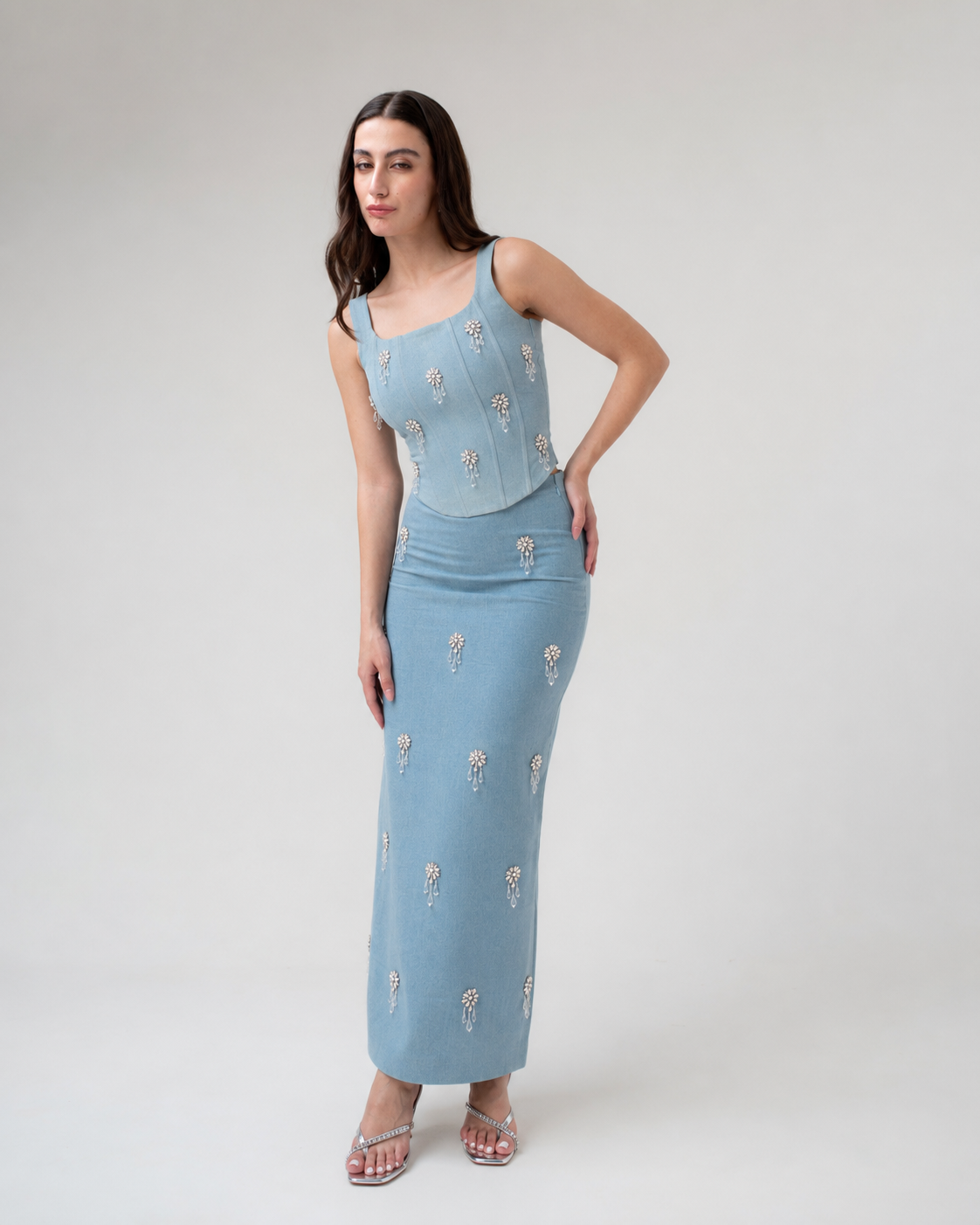 Cascade Crystal Denim Skirt
