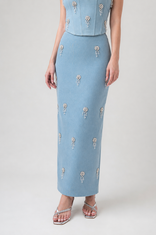 Cascade Crystal Denim Skirt