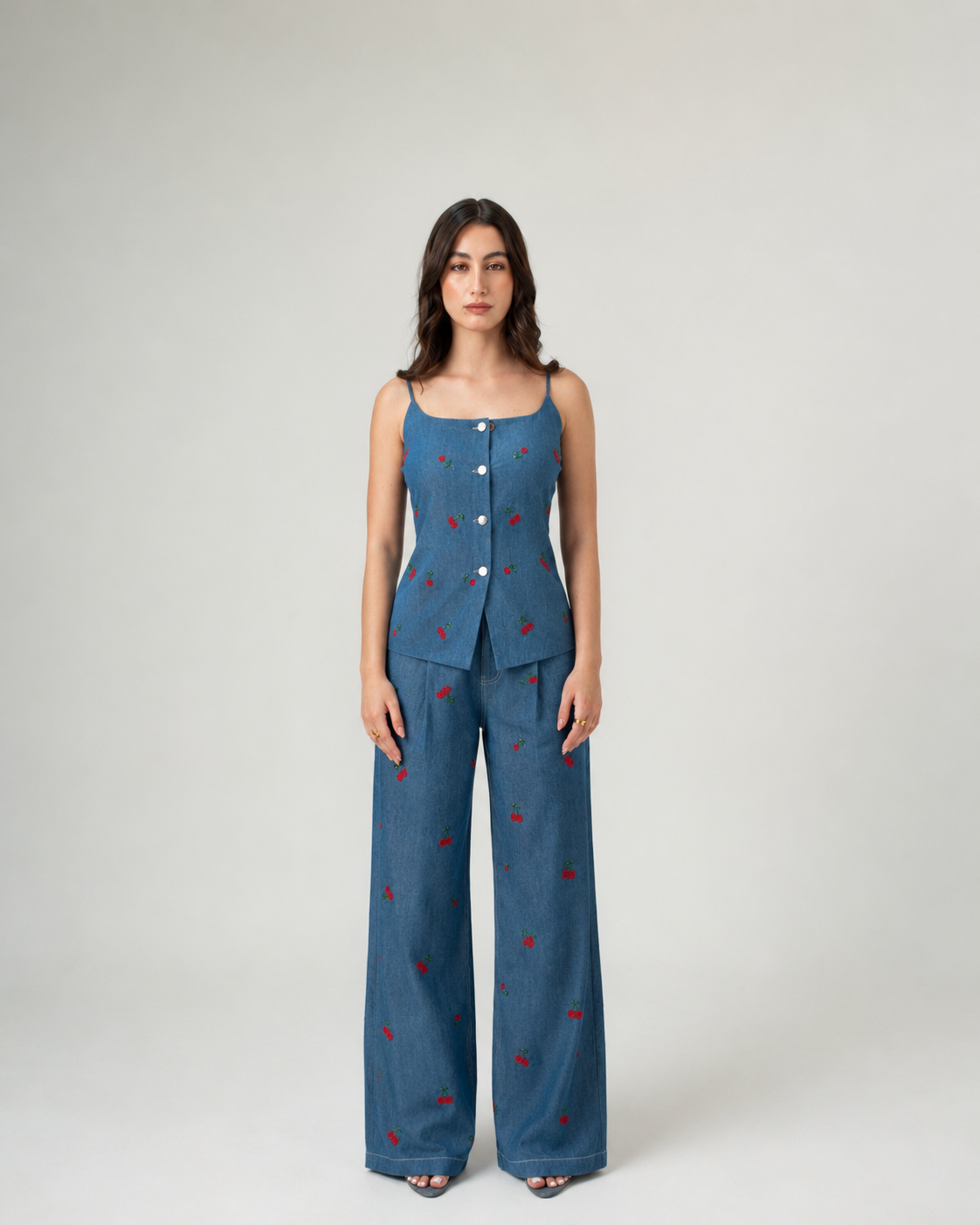 Cherry embroidered shoulder straps top