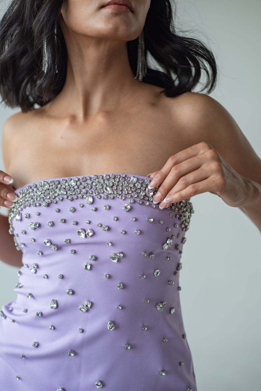 Off-shoulder hand-embellished mini dress