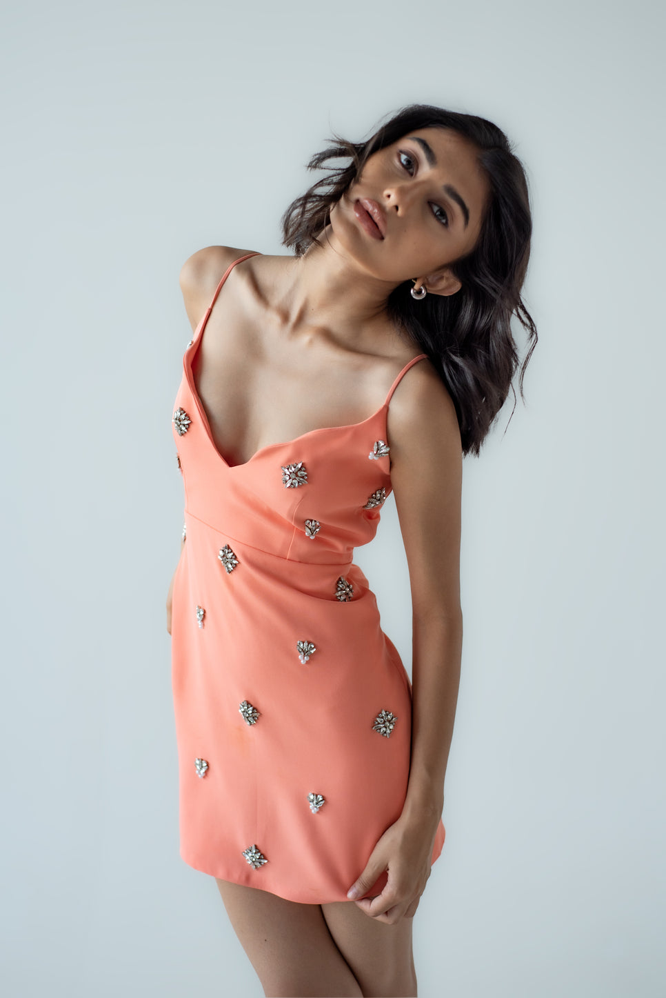 Hand-embellished strappy mini with scalloped neckline