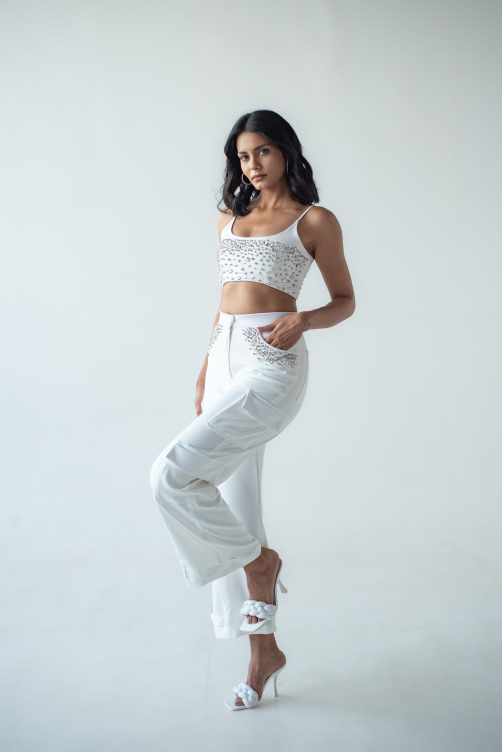 Hand-embellished strappy crop top