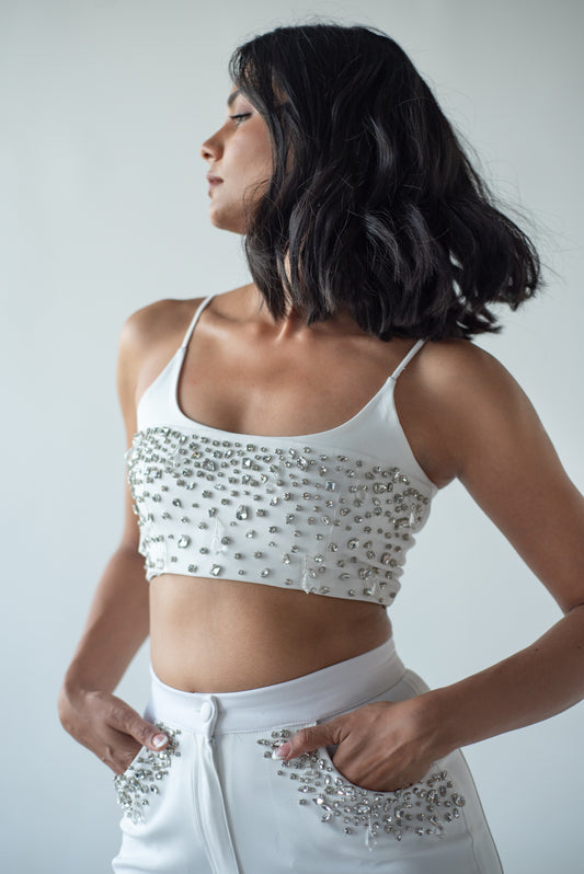 Hand-embellished strappy crop top